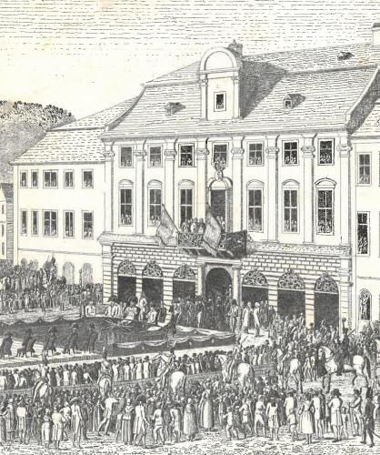 Detail einer Druckgraphik zum Blutgericht über Hölzerlips und seine Gesellen vor dem Heidelberger Rathaus im Juli 1812.
