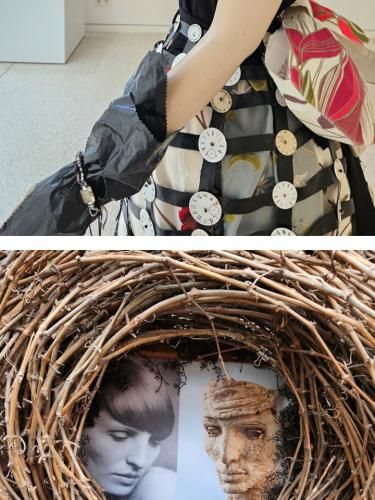 Kleid aus der Reihe RE-THINKING und Detail des LandArt-Objektes, Foto: KMH