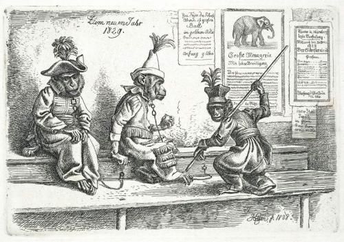 Drei Affen – „Zum neuen Jahr 1829“, 1828 Radierung, 8,5 x 12,4 cm (Platte) (Foto: KMH)