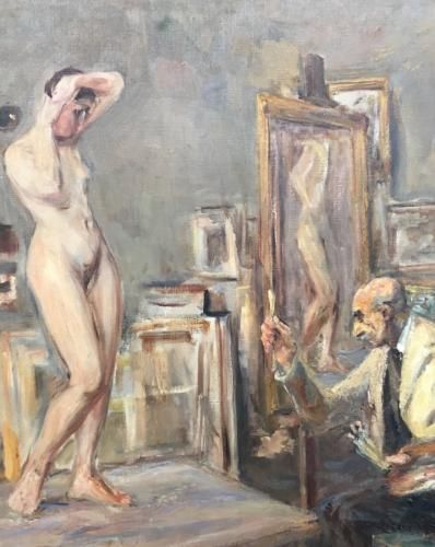 Max Liebermann im Atelier, das Selbstporträt ist vermutlich eine Fälschung. (Foto: KMH)