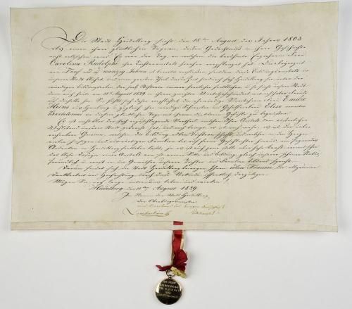 Urkunde zum 25. Jubiläum des Rudolphi-Instituts in Heidelberg, 1829 (Foto: KMH/Gattner)