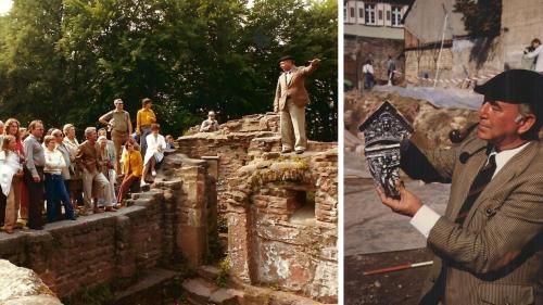 Berndmark Heukemes erläutert die Ruine des Michaelsklosters auf dem Heiligenberg, Aufnahme von 1980. Rechts bei Ausgrabungen in der Unteren Neckarstraße 3 im Jahr 1986 (Fotos: Kurpfälzisches Museum)