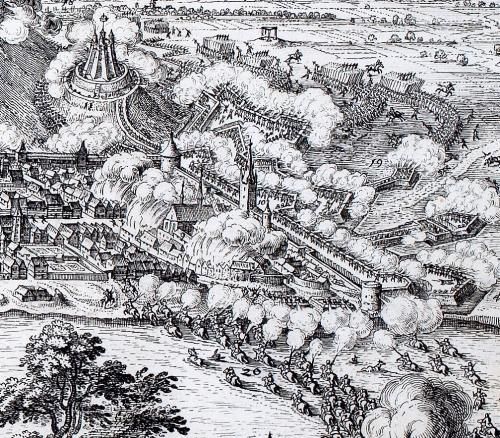 Belagerung und Eroberung Heidelbergs im Jahr 1622, Kupferstich von Matthäus Merian, Detail. Foto KMH/Gattner