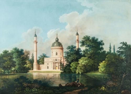 Die Moschee im Schwetzinger Schlossgarten, Aquatinta von Carl Kunz, 1795 (Foto: Kurpfälzisches Museum) Die Moschee im Schwetzinger Schlossgarten verbindet orientalische und abendländische Elemente, Aquatinta von Carl Kunz, 1795 (Kurpfälzisches Museum)
