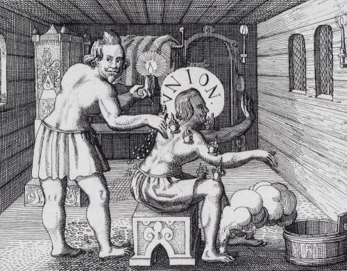 Aderlass im übertragenen Sinn: Heerführer Ernst von Mansfeld schröpft die Städte der Protestantischen Union, Detail eines Flugblattes von 1622, Kurpfälzisches Museum Heidelberg Aderlass im übertragenen Sinn: Heerführer Ernst von Mansfeld schröpft die Städte der Protestantischen Union, Detail eines Flugblattes von 1622, Kurpfälzisches Museum Heidelberg