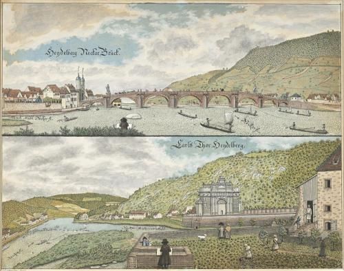 Peter Friedrich de Walpergen, Ansichten von Heidelberg, um 1791-1795 Peter Friedrich de Walpergen, zwei Ansichten von Heidelberg: Alte Brücke (oben), Karlstor mit Promenade (unten), um 1791-1795 (Foto KMH: K. Gattner)