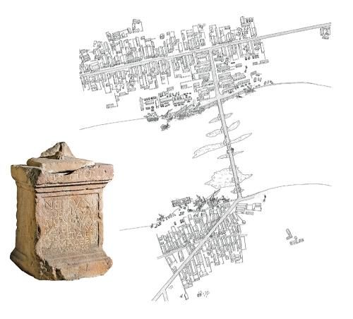 Basis einer Neptunstatue, gestiftet vom Erbauer der römischen Neckarbrücke von Heidelberg und die Römerbrücke von Heidelberg in den heutigen Stadtteilen Bergheim und Neuenheim. Gelber Keupersandstein, Gef. 1876/77 im Neckar. Inv. Nr. HD-Neu 1921/926 a Foto KMH (O. Harl), Zeichnung KMH (K. Brenner) Basis einer Neptunstatue, gestiftet vom Erbauer der römischen Neckarbrücke von Heidelberg und die Römerbrücke von Heidelberg in den heutigen Stadtteilen Bergheim und Neuenheim. Gelber Keupersandstein, Gef. 1876/77 im Neckar. Inv. Nr. HD-Neu 1921/926 a Foto KMH (O. Harl), Zeichnung KMH (K. Brenner)