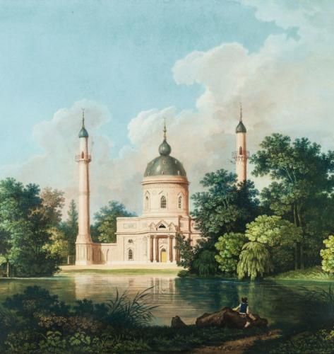 Ansicht der Moschee im Schwetzinger Schlossgarten, Carl Kuntz, 1795 , Aquatinta auf Papier, handkoloriert; Foto: Kurpfälzisches Museum, Knut Gattner Ansicht der Moschee im Schwetzinger Schlossgarten, Carl Kuntz, 1795 , Aquatinta auf Papier, handkoloriert; Foto: Kurpfälzisches Museum, Knut Gattner
