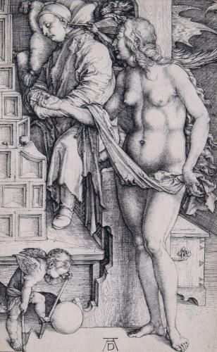 Kupferstich von Albrecht Dürer, um 1498 (Foto: KMH) Der Kupferstich von Albrecht Dürer zeigt einen Tagträumer, der durch die Versuchung von der Arbeit abgehalten wird, um 1498.