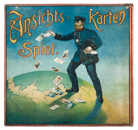 Ansichtskartenspiel, Papier, Karton, rotes Leder, H. 4 cm, B. 34 cm, L. 35 cm, deutsch, um 1900 (Foto: KMH) Ansichtskartenspiel, Papier, Karton, rotes Leder, H. 4 cm, B. 34 cm, L. 35 cm, deutsch, um 1900 (Foto: KMH)