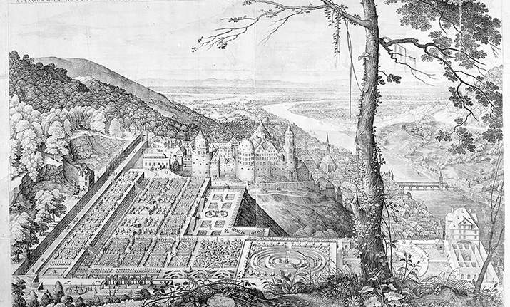 Matthäus Merian d. Ä., Heidelberga – Heidelberg, Stadt und Schloss von Norden, 1621 (Foto: KMH)