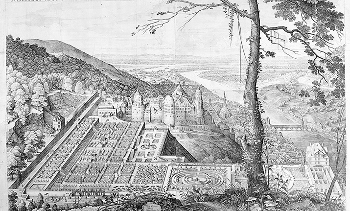 Matthäus Merian d. Ä., Heidelberga – Heidelberg, Stadt und Schloss von Norden, 1621 (Foto: KMH) Matthäus Merian d. Ä., Heidelberga – Heidelberg, Stadt und Schloss von Norden, 1621 (Foto: KMH)